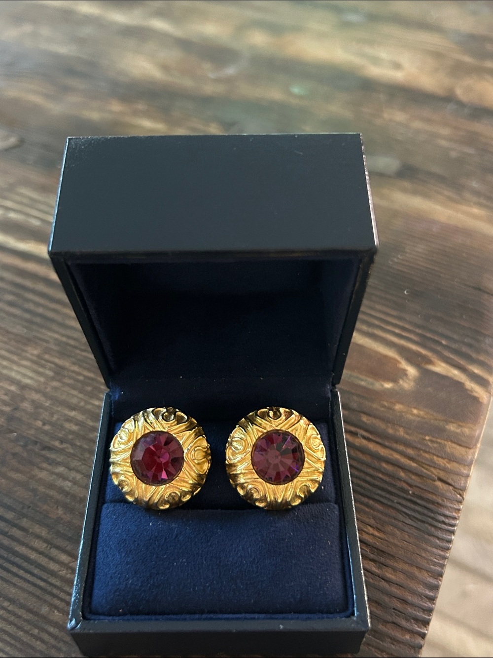 Gold-Trimmed Red Crystal Button Earrings